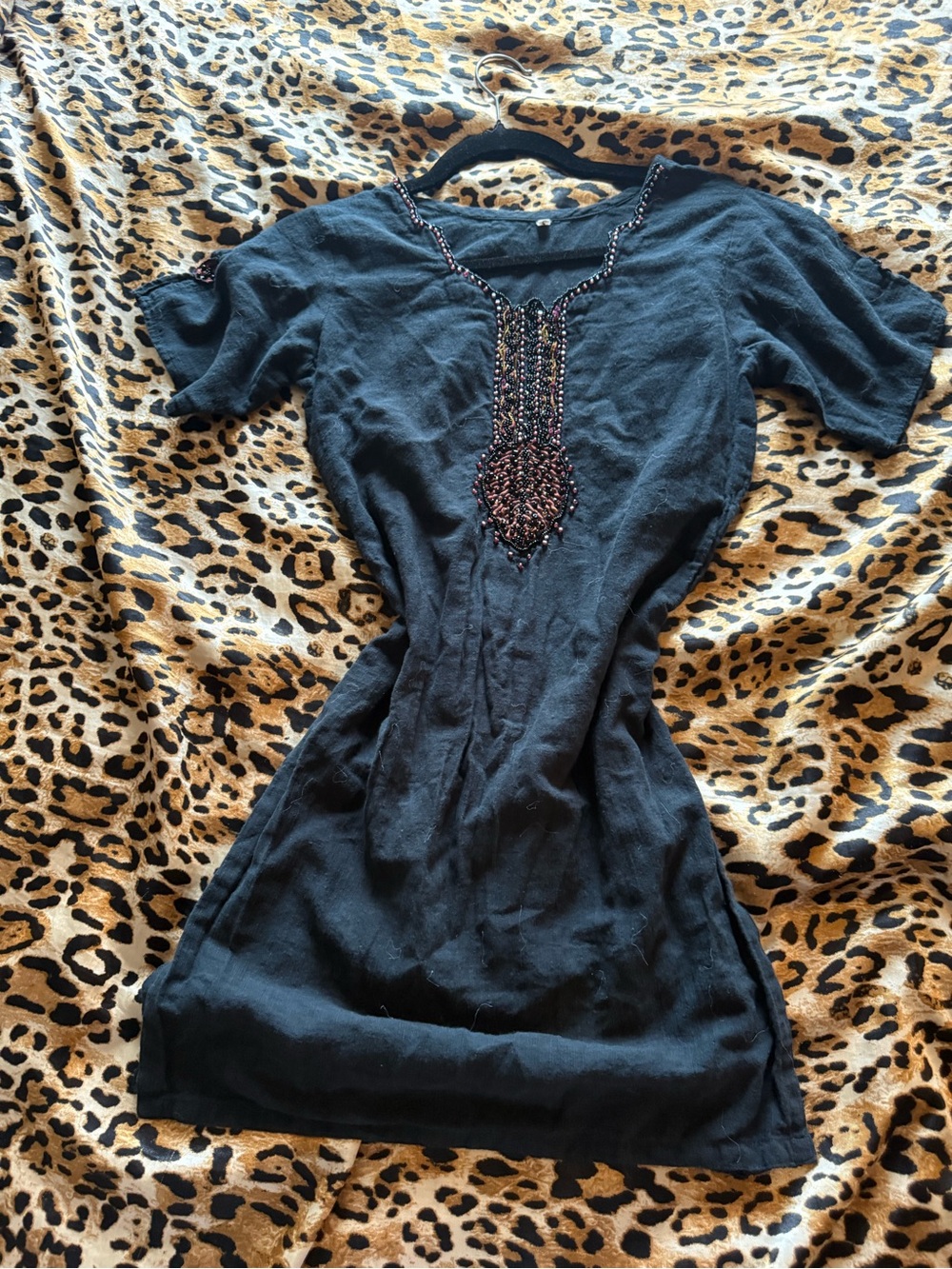 Black Beaded Short Sleeve Women's Top